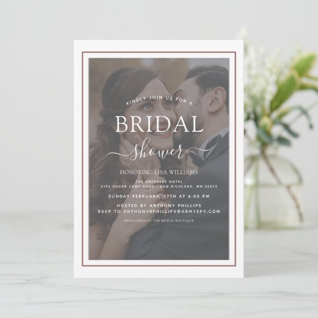 Invitación Elegante tipografía guión foto ducha de novia (Anverso de pie)