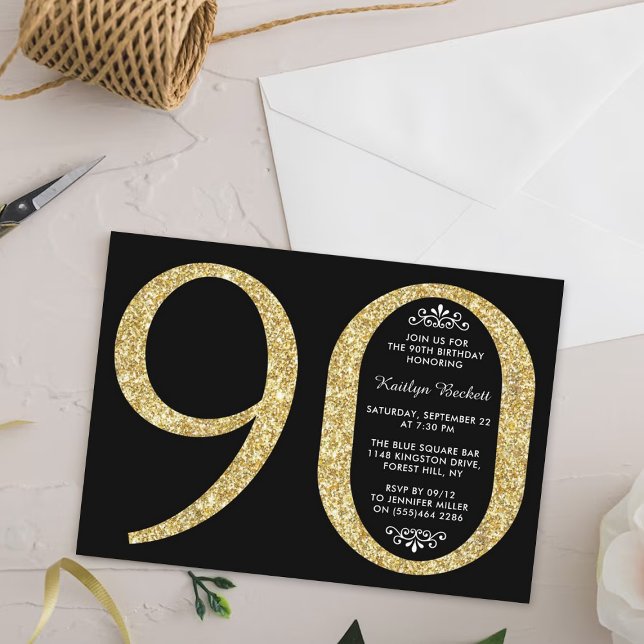 Invitación Elegante tipografía Purpurina de oro 90 cumpleaños (Subido por el creador)