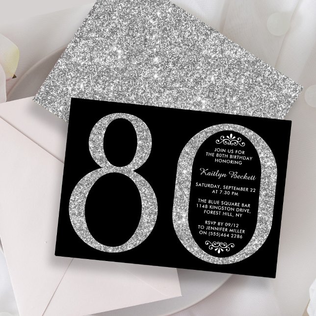 Invitación Elegante tipografía Purpurina Plata 80 cumpleaños (Subido por el creador)