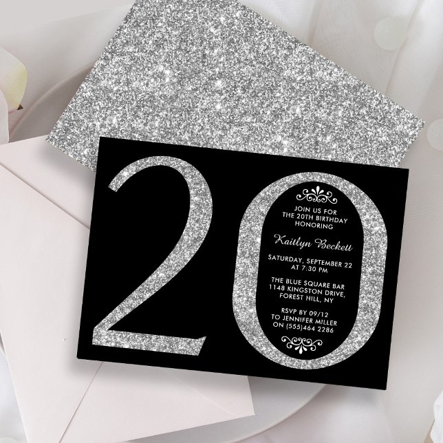 Invitación Elegante tipografía Purpurina plateado 20 cumpleañ (Subido por el creador)