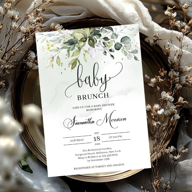 Invitación Elegante tipografía vegetación follaje bebé brunch (Elegant typography greenery foliage baby brunch invitation)