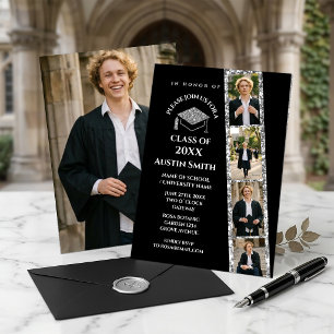 Invitación Elegante tira de fotos negra de graduación con bri