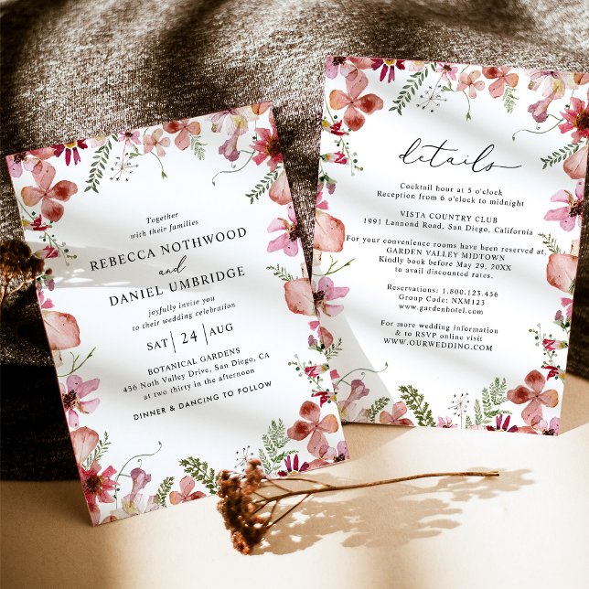 Invitación Elegante todo en un Boda de flores rosadas polvori (Subido por el creador)