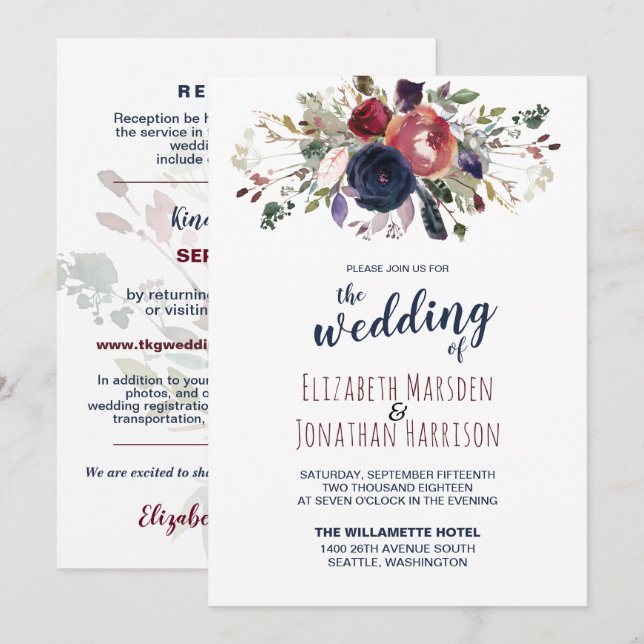 Invitación Elegante Todo En Un Boda De Oro De La Marina De Bo (Anverso / Reverso)