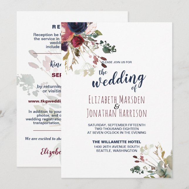 Invitación Elegante Todo En Un Boda De Oro De La Marina De Bo (Anverso / Reverso)