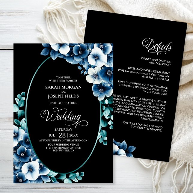 Invitación Elegante todo en un Boda floral azul (Subido por el creador)
