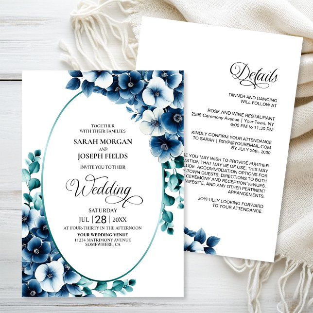 Invitación Elegante todo en un Boda floral azul (Subido por el creador)