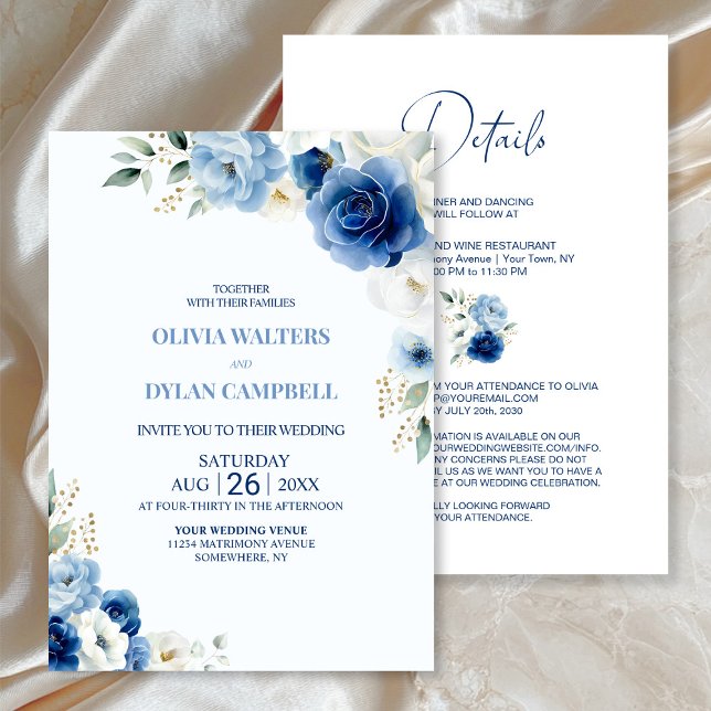 Invitación Elegante todo en un Boda floral azul (Subido por el creador)