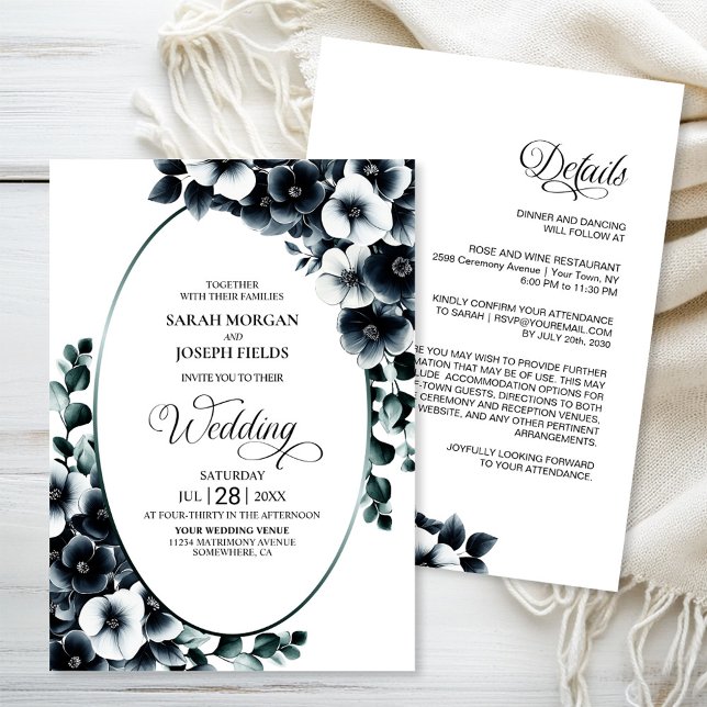 Invitación Elegante todo en un Boda floral blanco negro (Subido por el creador)