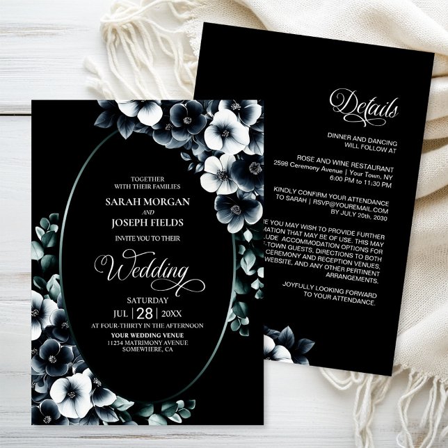 Invitación Elegante todo en un Boda floral blanco y negro (Subido por el creador)