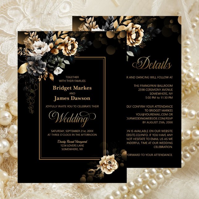 Invitación Elegante todo en un Boda floral de oro negro (Subido por el creador)