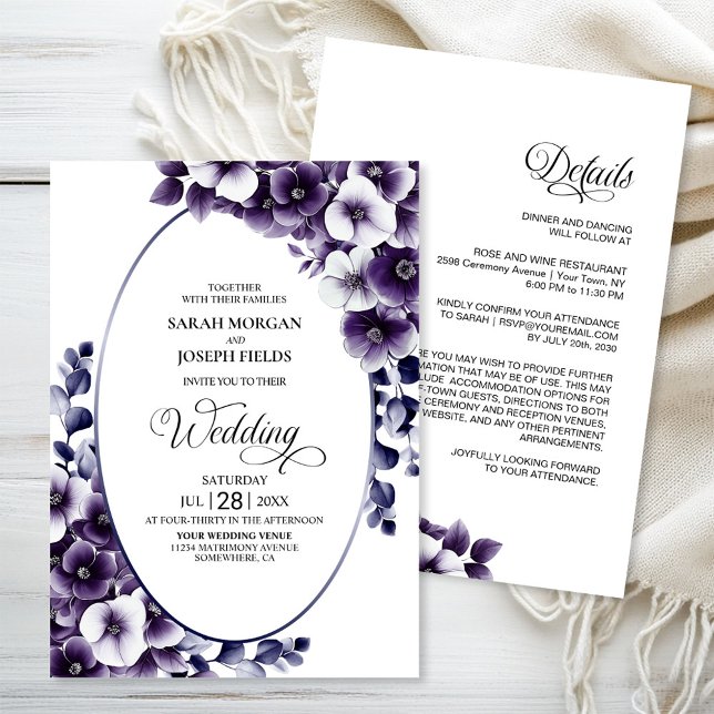 Invitación Elegante todo en un Boda morado floral (Subido por el creador)
