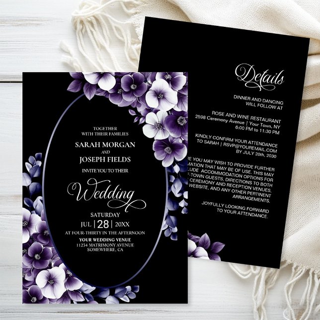 Invitación Elegante todo en un Boda morado floral (Subido por el creador)