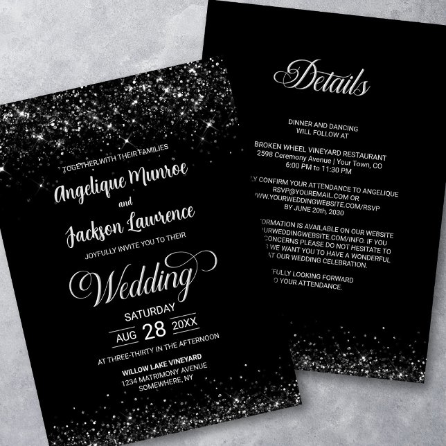 Invitación Elegante todo en un Boda Purpurina negro (Subido por el creador)