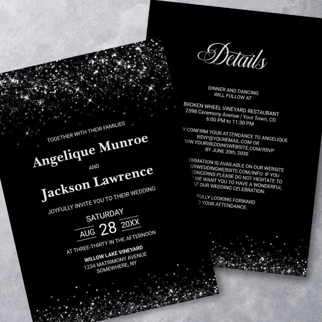 Invitación Elegante todo en un Boda Purpurina negro (Subido por el creador)