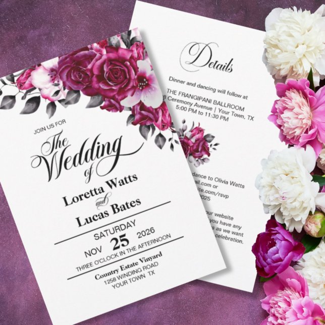 Invitación Elegante Todo En Un Boda Rosa Rosa Floral (Subido por el creador)