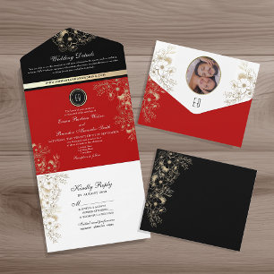 Invitación elegante todo en uno negro y rojo