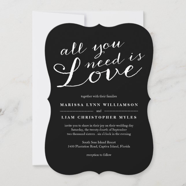 Invitación Elegante Todo Lo Que Necesitas Es Amor Boda Negro (Anverso)