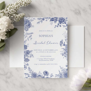 Invitación Elegante Toile Blue Floral Bridal Shower