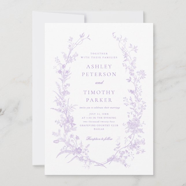 Invitación Elegante Toile Boda Floral de Lavanda Francesa (Anverso)