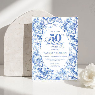 Invitación Elegante Toile de Jouy azul polvoriento Cumpleaños