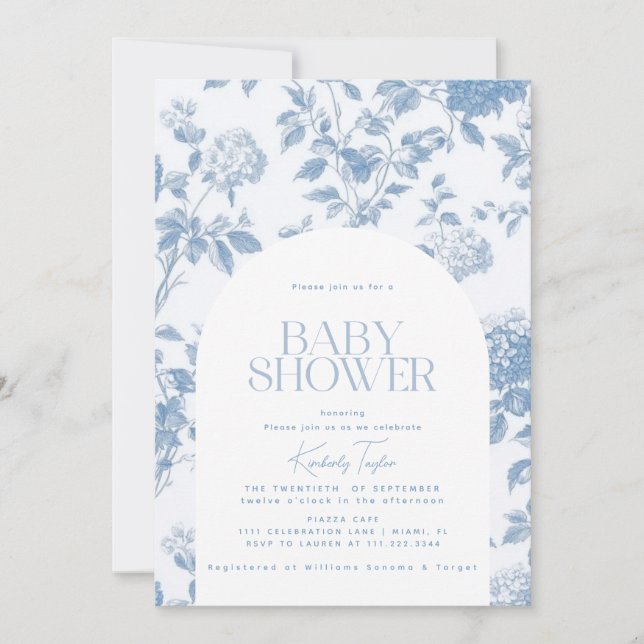 Invitación Elegante Toile De Jouy Blue Hydrangea Baby Shower (Anverso)