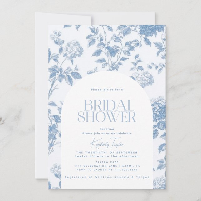 Invitación Elegante Toile De Jouy Blue Hydrangea Bridal Showe (Anverso)
