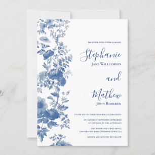Invitación Elegante Toile Floral Francés Azul para Boda