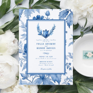Invitación Elegante toile floral Periwinkle Escudo azul Boda