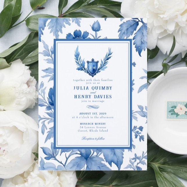 Invitación Elegante toile floral Periwinkle Escudo azul Boda (Subido por el creador)