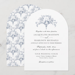 Invitación Elegante Toile Francés de Palomas Azul Marino Blan
