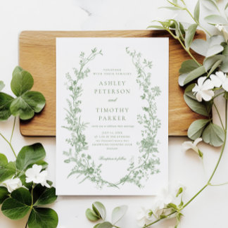 Invitación Elegante Toile Francés Sage Green Floral Boda