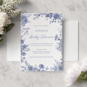 Invitación Elegante Toile French Blue Floral Baby Shower