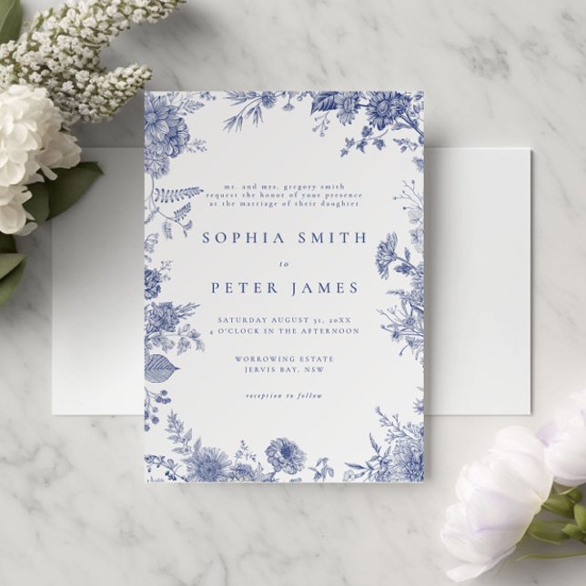 Invitación Elegante Toile French Blue Garden Floral (Subido por el creador)