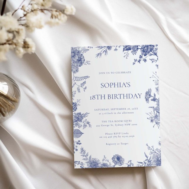 Invitación Elegante toile French Blue toile 18 cumpleaños (Subido por el creador)