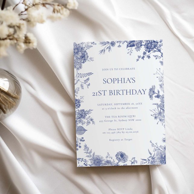 Invitación Elegante Toile French Blue toile 21 cumpleaños (Subido por el creador)