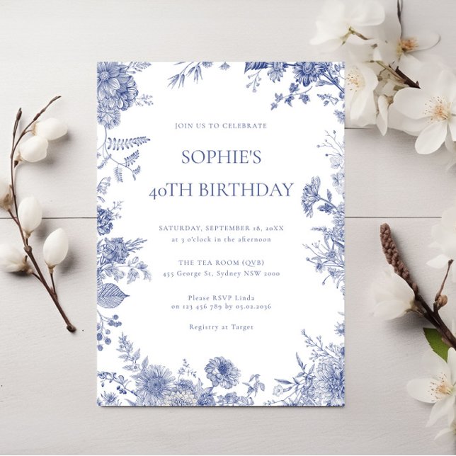 Invitación Elegante toile French Blue toile 40 cumpleaños (Subido por el creador)