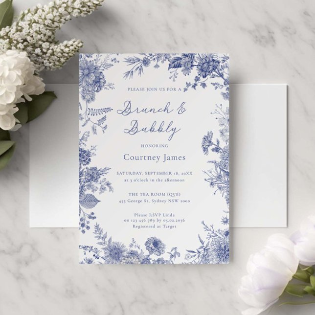 Invitación Elegante Toile French Blue toile Brunch and Bubbly (Subido por el creador)