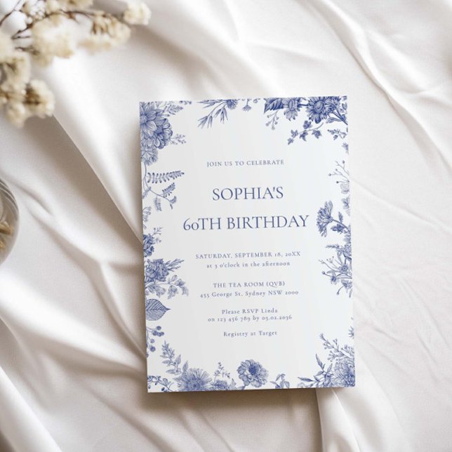 Invitación Elegante toile French Blue toile cumpleaños 60 (Subido por el creador)