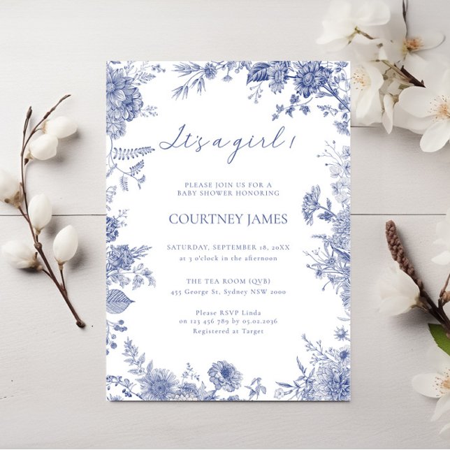 Invitación Elegante toile French Blue toile es un bebé chica (Subido por el creador)