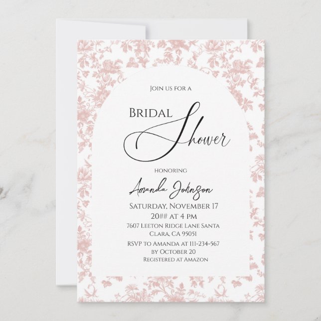 Invitación Elegante Toile Pink Floral Bridal Shower (Anverso)