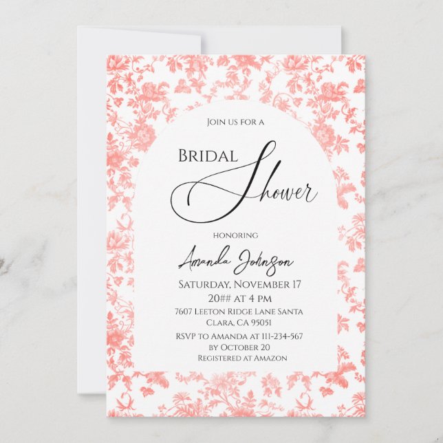Invitación Elegante Toile Rosa Floral Bridal Ducha Brunch (Anverso)