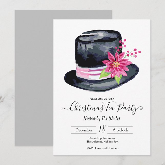 Invitación Elegante Top Hat y Navidades de Poinsettia Tea Fie (Anverso / Reverso)