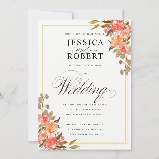 Invitación Elegante toque de escritura de la boda floral de o (Anverso)