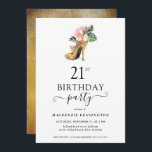 Invitación Elegante Toro de Oro Floral Alta tacones 21 cumple<br><div class="desc">Moderno y elegante Gold Tropical Gold High Heels 21st Birthday Party Invitation con nuestro glamoroso y brillante talón dorado de color agua rodeado de flores tropicales rosas y verdes. El fondo es un lujoso lavabo de color acuático dorado. Fácil de personalizar con su información para una simple y elegante invitación...</div>