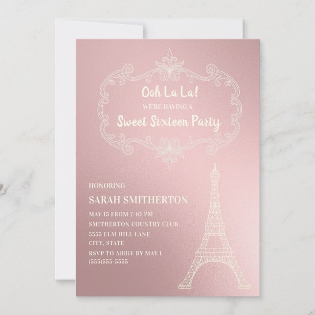 Invitación Elegante Torre Eiffel de Crema Rosa Cumpleaños Dul (Anverso)