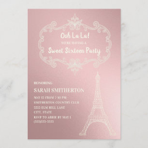 Invitación Elegante Torre Eiffel de Crema Rosa Cumpleaños Dul