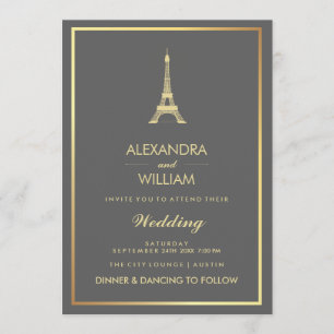 Invitación Elegante Torre Eiffel de Faux Gold en Boda gris