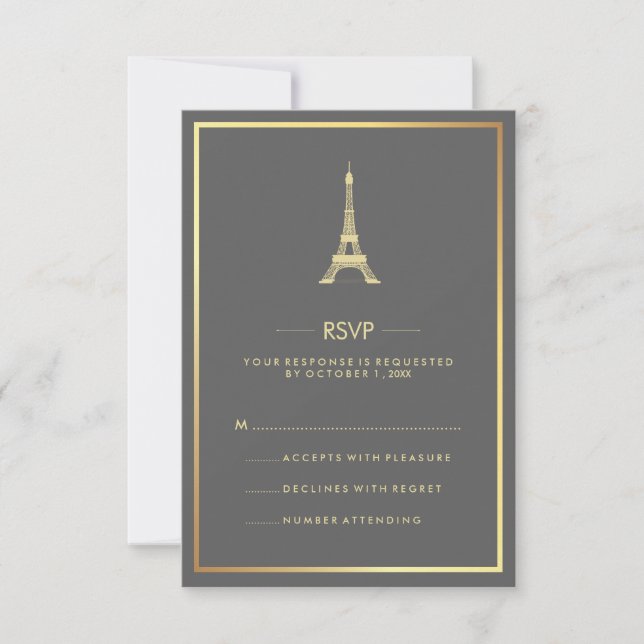 Invitación Elegante Torre Eiffel de Oro en Boda Gris RSVP (Anverso)