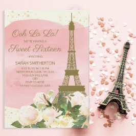 Invitación Elegante Torre Eiffel de Oro Rosa Paris Sweet 16